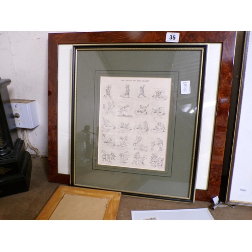 35 - COLLECTION OF FRAMED ETCHINGS, PRINTS TO INCL GOLFING