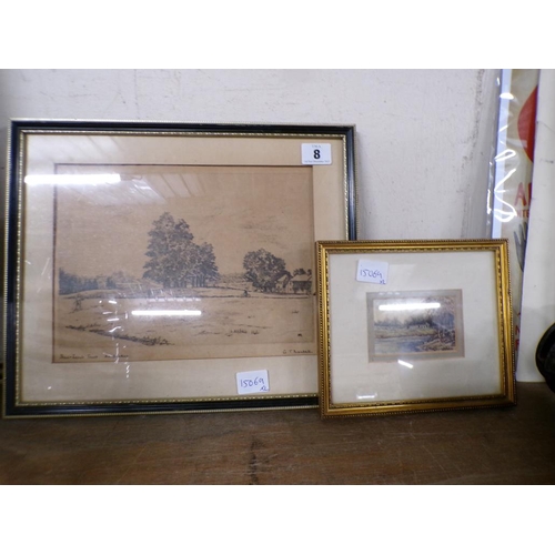 8 - FRAMED B&W ENGRAVING; MINIATURE WATERCOLOUR