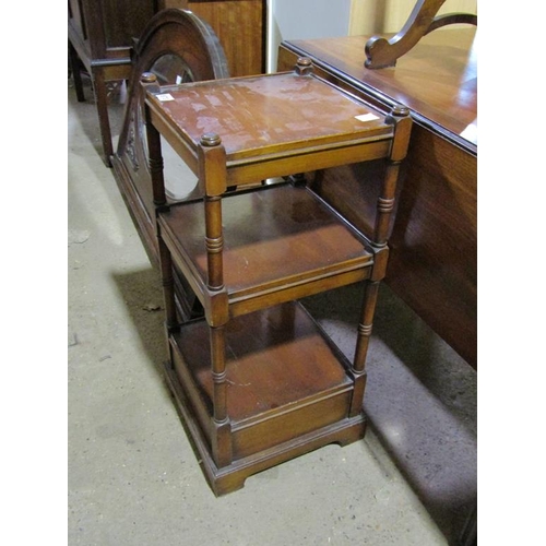 873 - REPRODUCTION YEW WOOD THREE TIER TABLE