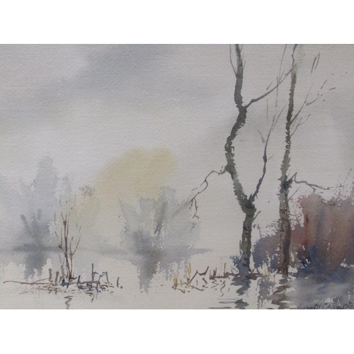 1200 - RONALD CROMPTON - WINTER LAKESIDE SCENE, SIGNED WATERCOLOUR, F/G, 26CM X 36CM