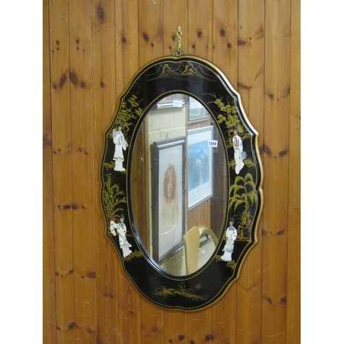 1209 - EARLY 20C JAPANESE BLACK LACQUERED OVAL WALL MIRROR, GILT DECORATED AND WITH MOTHER OF PEARL AND CAR... 