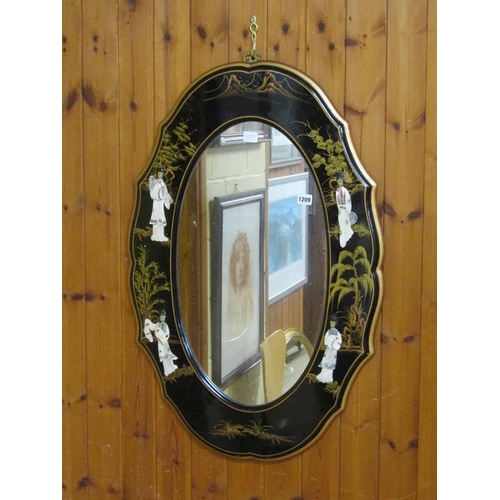 1209 - EARLY 20C JAPANESE BLACK LACQUERED OVAL WALL MIRROR, GILT DECORATED AND WITH MOTHER OF PEARL AND CAR... 