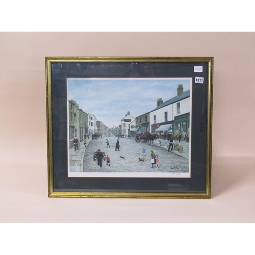 1211 - TOM DODSON - EARLY 20C STREET SCENE, SIGNED IN PENCIL, COLOURED PRINT, F/G, 37CM X 46CM