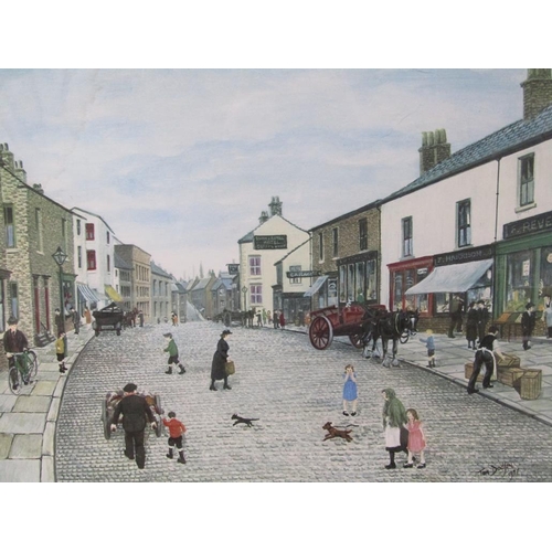 1211 - TOM DODSON - EARLY 20C STREET SCENE, SIGNED IN PENCIL, COLOURED PRINT, F/G, 37CM X 46CM