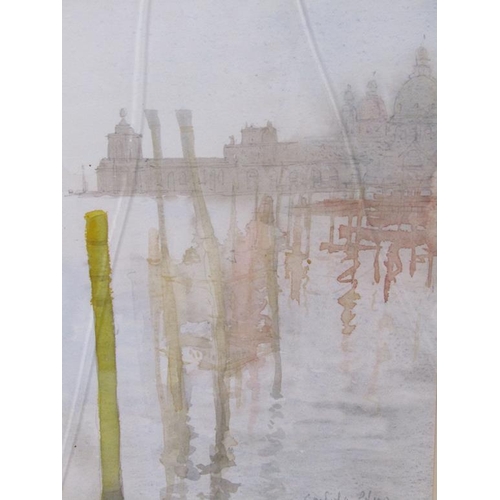 1219 - JOHN MILLER - GONDOLA POLES, VENICE SIGNED AND TITLED WATERCOLOUR 1975, F/G (GLASS CRACKED), 26CM X ... 