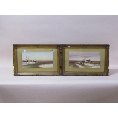 1223 - G MILLER - PAIR, SUNRISE & SUNSET, EAST ANGLIAN LANDSCAPES, SIGNED WATERCOLOURS, F/G, 19CM X 39CM