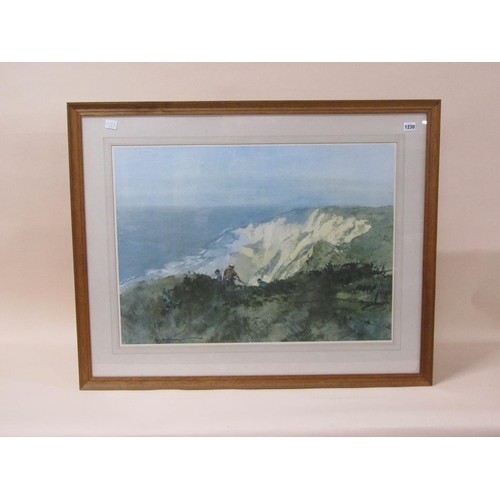 1230 - ROY W WILSON - FRAMED LITHOGRAPH PRINT - THREE FIGURES ON EDGE OF CLIFF, F/G, 55CM X 77CM