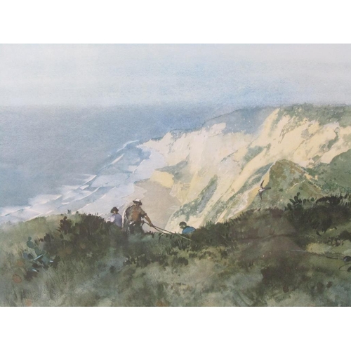 1230 - ROY W WILSON - FRAMED LITHOGRAPH PRINT - THREE FIGURES ON EDGE OF CLIFF, F/G, 55CM X 77CM