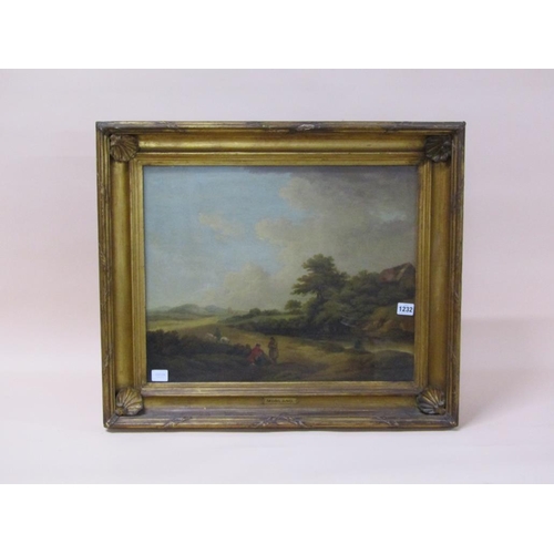 1232 - GEORGE MORLAND - LANDSCAPE WITH MAN ON HORSEBACK AND FIGURES, UNSIGNED, OIL ON CANVAS, F/G, INFORMAT... 