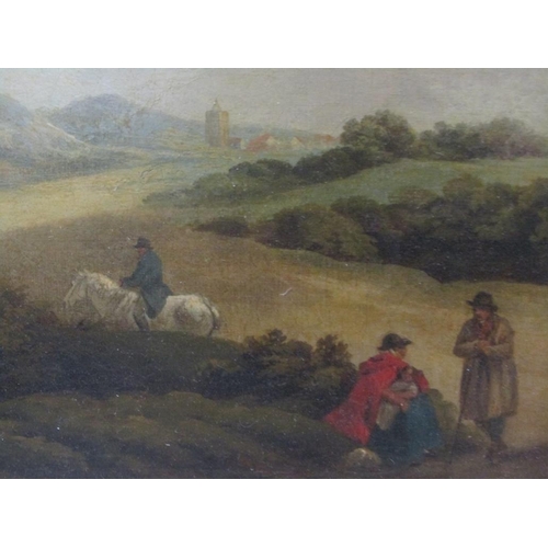 1232 - GEORGE MORLAND - LANDSCAPE WITH MAN ON HORSEBACK AND FIGURES, UNSIGNED, OIL ON CANVAS, F/G, INFORMAT... 