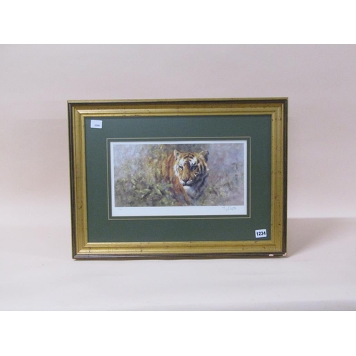 1234 - TONY FORREST - TIGER, LIMITED EDITION COLOURED PRINT, FRAMED, 21CM X 37CM