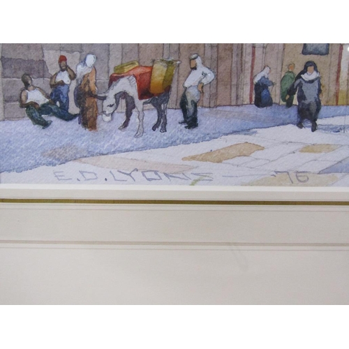 1235 - E.D LYONS 75 - NORTH AFRICAN STREET SCENE, SIGNED AND DATED WATERCOLOUR, F/G, 28CM X 32CM