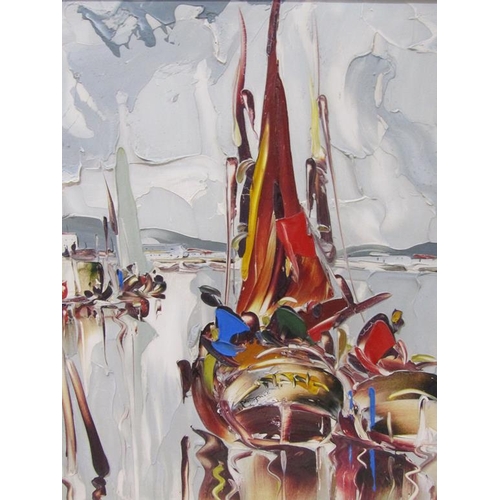 1247 - DEAKINS - SAILING VESSELS IN HARBOUR SETTING, SIGNED OIL ON BOARD, FRAMED, 45CM X 39CM