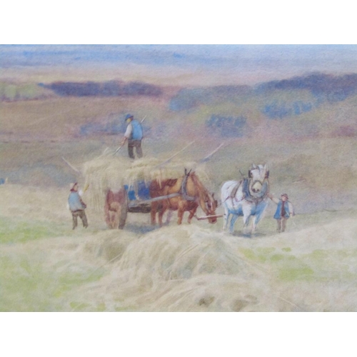 1251 - A HASELGRAVE - HARVESTING NEAR BRIGHTON, SIGNED WATERCOLOUR, F/G, 43CM X 69CM