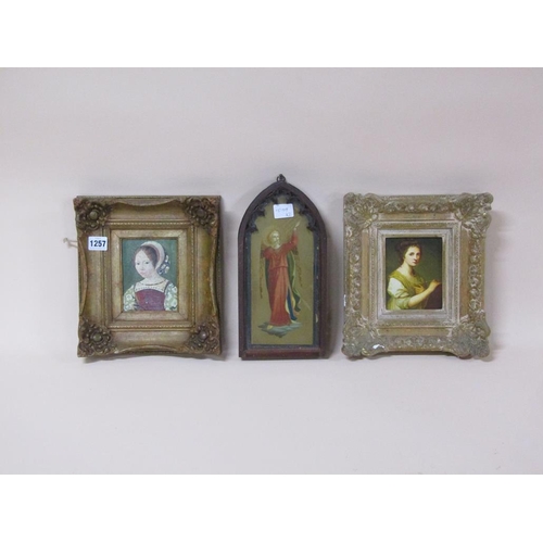 1257 - TWO GILT FRAMED PORTRAITS OF LADIES, OIL ON PANEL; ICON PRINT