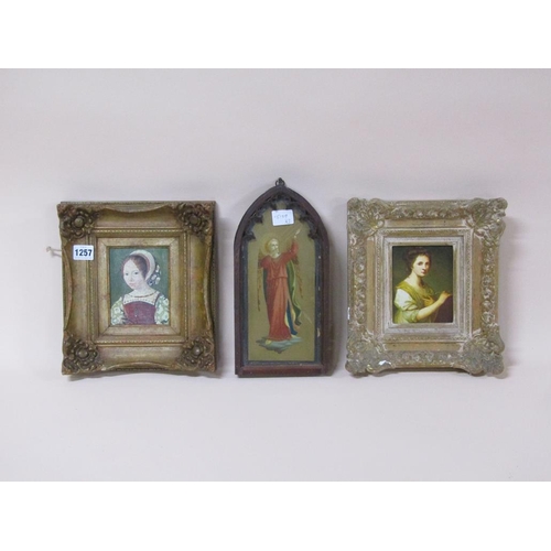 1257 - TWO GILT FRAMED PORTRAITS OF LADIES, OIL ON PANEL; ICON PRINT