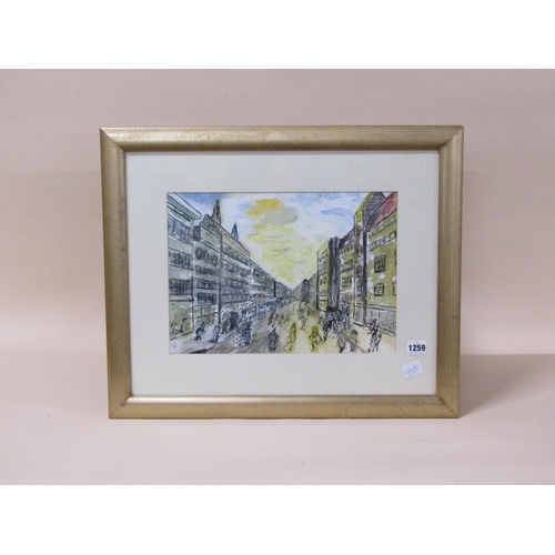 1259 - JACK BOURTON - ABSTRACT STREET SCENE, BLACK INK AND WATERCOLOUR, SIGNED F/G, 25CM X 36CM