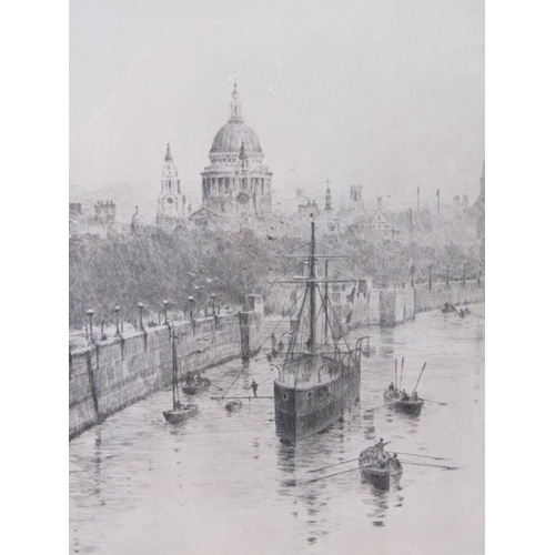 1264 - ROWLAND LANGMAID - TWO B&W ETCHINGS, THE EMBANKMENT & LOWER POOL, BOTH APPROX 20CM X 24CM