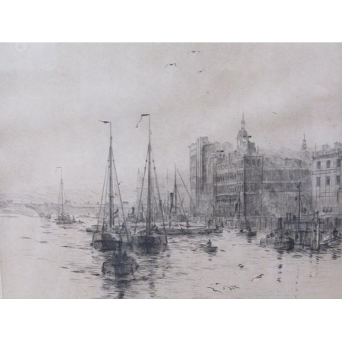 1264 - ROWLAND LANGMAID - TWO B&W ETCHINGS, THE EMBANKMENT & LOWER POOL, BOTH APPROX 20CM X 24CM