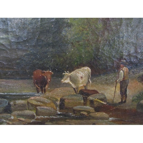 1266 - UNSIGNED 19C - FARMER WITH CATTLE CROSSING RIVER, FRAMED OIL ON CANVAS, 29CM X 49CM