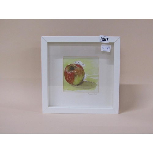 1267 - ANNE AXFORD - APPLE AND MOUSE, WATERCOLOUR, F/G, 12CM X12CM