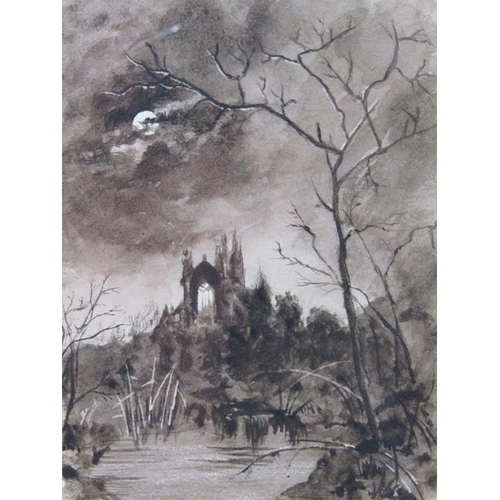 1269 - MONO S.L - PAIR OF BLACK ON WHITE EARLY 20C PRINTS, MOONLIT CHURCH & COTTAGE