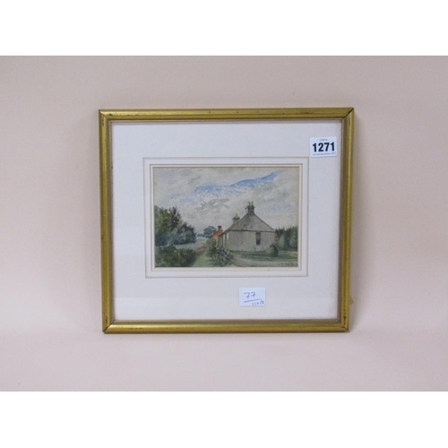 1271 - J MOORE 1918 - COUNTRY COTTAGES NEXT TO ROAD, SIGNED WATERCOLOUR, F/G, 12CM X 16CM