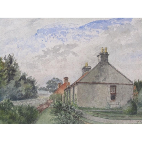 1271 - J MOORE 1918 - COUNTRY COTTAGES NEXT TO ROAD, SIGNED WATERCOLOUR, F/G, 12CM X 16CM