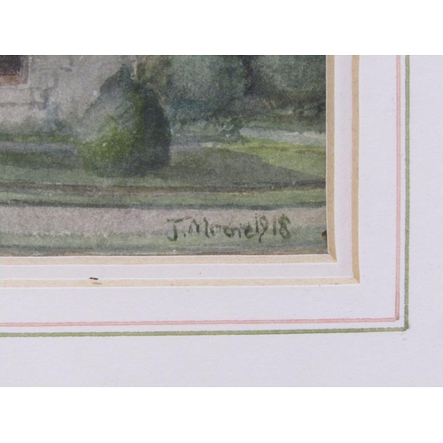 1271 - J MOORE 1918 - COUNTRY COTTAGES NEXT TO ROAD, SIGNED WATERCOLOUR, F/G, 12CM X 16CM