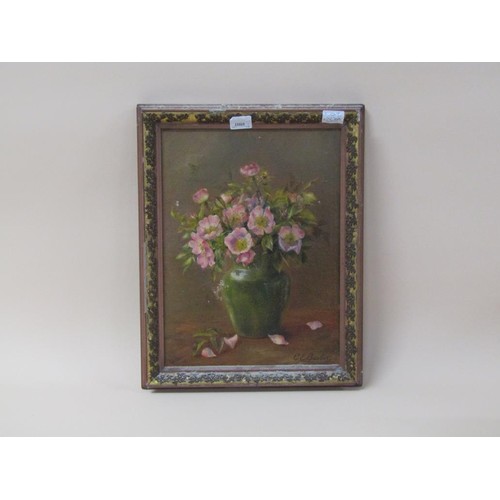 1268A - C.E BARBER - VASE OF WILD ROSES, OIL ON CANVAS, FRAMED, 35CM X 26CM - CANVAS DAMAGED