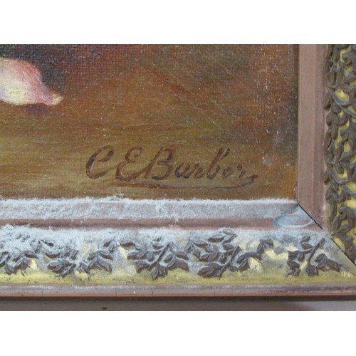 1268A - C.E BARBER - VASE OF WILD ROSES, OIL ON CANVAS, FRAMED, 35CM X 26CM - CANVAS DAMAGED