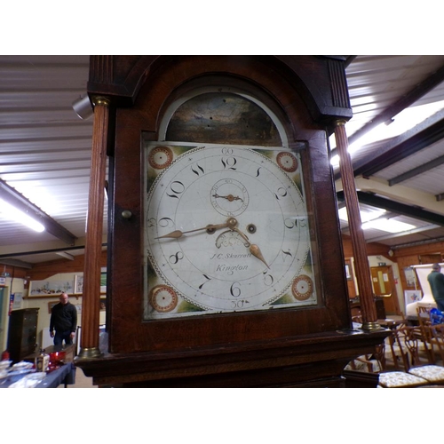 1278 - LATE 18C OAK LONGCASE CLOCK WITH PAINTED ARCHED DIAL, SIGNED J G SKARRATT, KINGTON, 234CM H