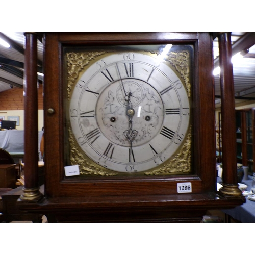 1286 - 19C OAK LONGCASE CLOCK WITH SILVERED DIAL AND GILT SPANDRELS, JOHN STEEL OF KILLAMARSH, 217CM H