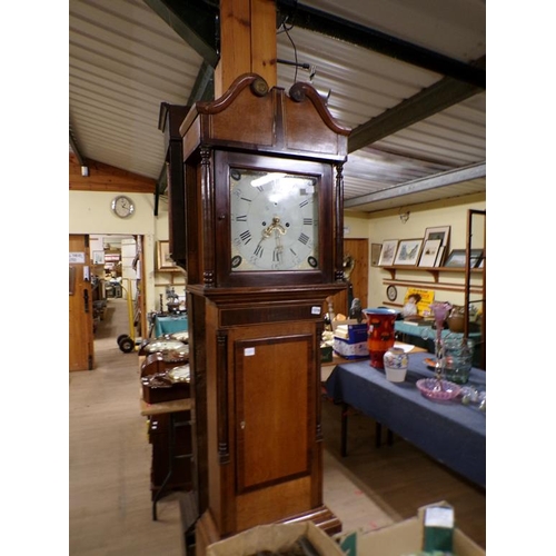 1279 - EARLY 19C CROSSBANDED LINE INLAID OAK LONGCASE CLOCK WITH SQUARE WHITE PAINTED DIAL, 215CM H