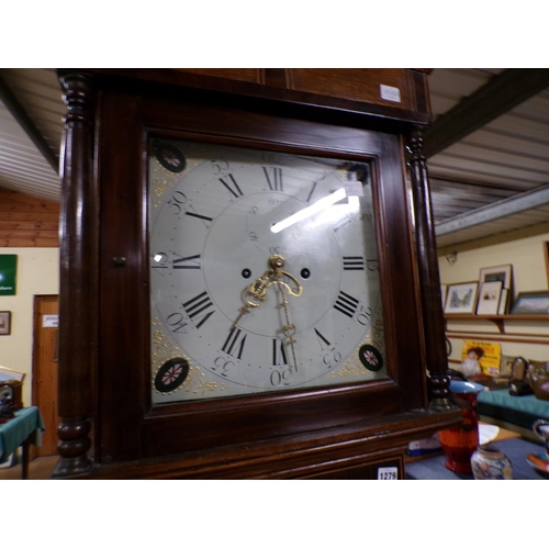 1279 - EARLY 19C CROSSBANDED LINE INLAID OAK LONGCASE CLOCK WITH SQUARE WHITE PAINTED DIAL, 215CM H