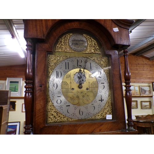 1285 - LATE 18C/EARLY 19C OAK LONGCASE CLOCK WITH A GILT AND ARCH DIAL, 240CM H