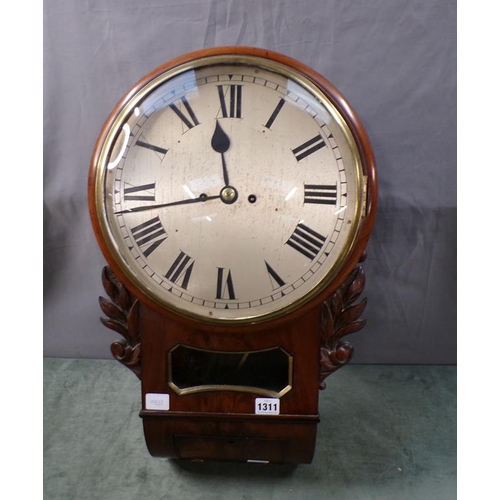 1311 - MID 19C ENGLISH DOUBLE FUSEE TRUNK DAIL WALL CLOCK, 59CM H OVERALL