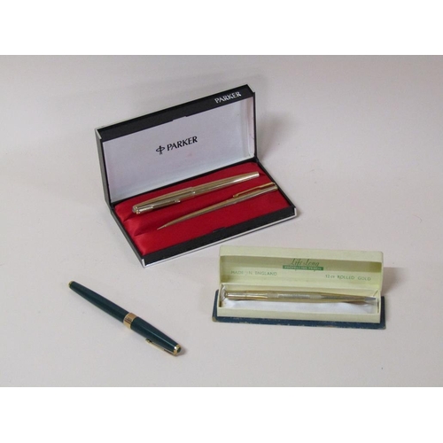 1512 - THREE PARKER PENS (TWO GOLD PLATED) AND A ROLLED GOLD LIFELONG PROPELLING PENCIL