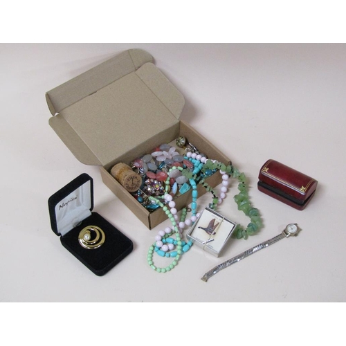 1527 - BOX OF MIXED COSTUME JEWELLERY TO INC. BEADS, STICK PIN ETC.