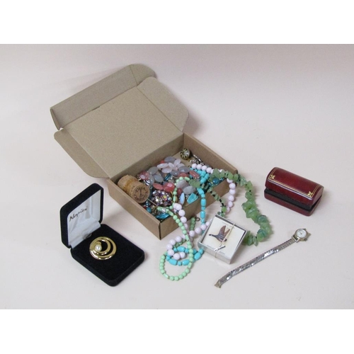 1527 - BOX OF MIXED COSTUME JEWELLERY TO INC. BEADS, STICK PIN ETC.