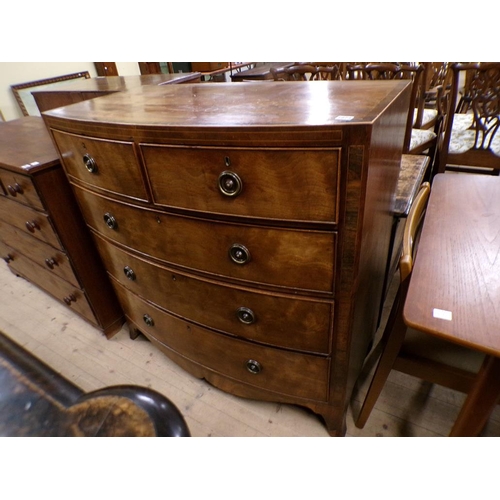 1874 - EARLY 19C MAHOGANY BOW FRONT CHEST OF TWO SHORT AND THREE LONG DRAWERS, 106CM W, 108CM H