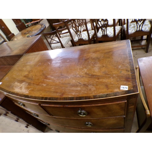 1874 - EARLY 19C MAHOGANY BOW FRONT CHEST OF TWO SHORT AND THREE LONG DRAWERS, 106CM W, 108CM H