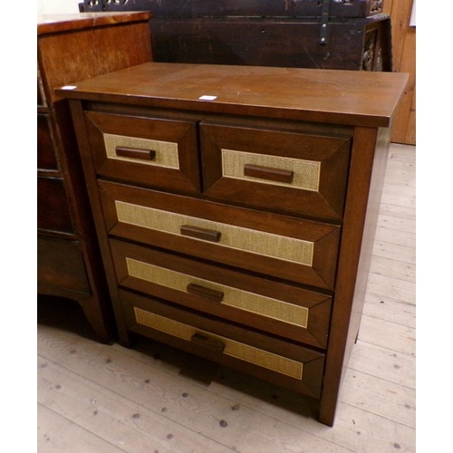 1887 - MAHOGANY CHEST OF TWO SHORT AND THREE LONG DRAWERS WITH CANED PANELS, 78CM W, 89CM H