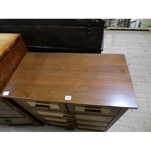 1887 - MAHOGANY CHEST OF TWO SHORT AND THREE LONG DRAWERS WITH CANED PANELS, 78CM W, 89CM H