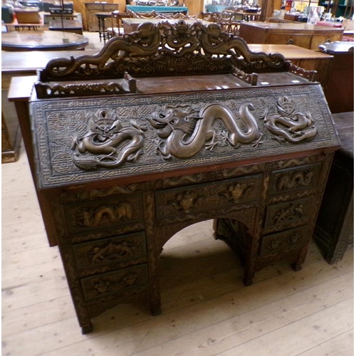 1888 - 19C CHINESE CARVED WOOD BUREAU WITH FITTED INTERIOR, 120CM W, 124CM H