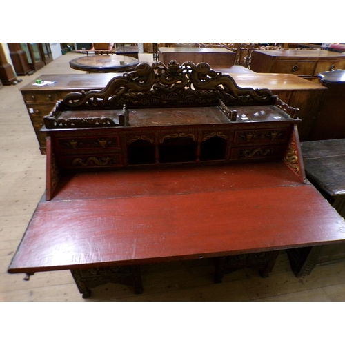 1888 - 19C CHINESE CARVED WOOD BUREAU WITH FITTED INTERIOR, 120CM W, 124CM H