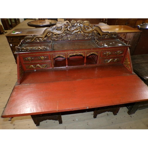 1888 - 19C CHINESE CARVED WOOD BUREAU WITH FITTED INTERIOR, 120CM W, 124CM H