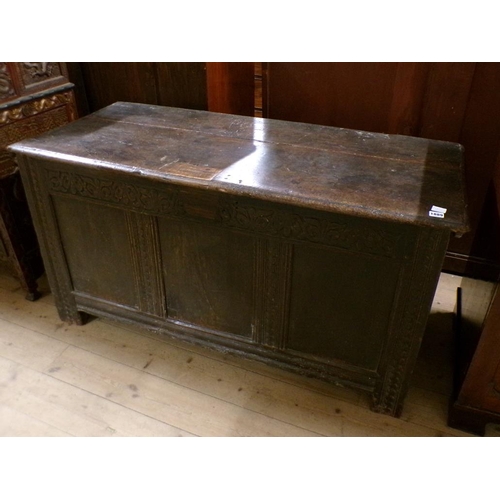 1889 - LATE 17C/EARLY 18C OAK THREE PANEL COFFER, 133CM W, 70CM H