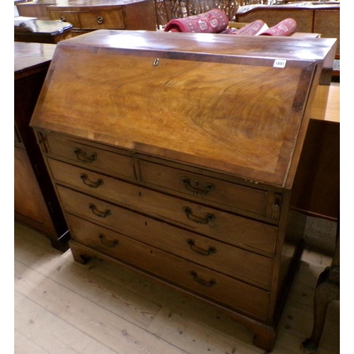 1891 - LATE GEORGIAN FIGURED MAHOGANY BUREAU WITH FALL FRONT AND FITTED INTERIOR, 107CM W, 110CM H