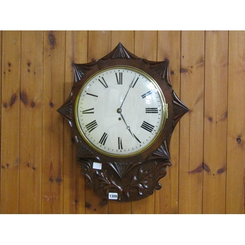 1309 - MID 19C ENGLISH FUSEE TRUNK DIAL WALL CLOCK, 57CM H OVERALL